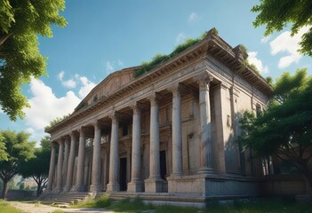Ancient Roman Building with Blue Sky and Green Trees , column, green, ancient