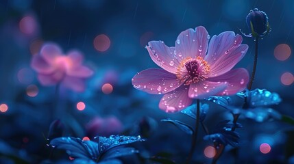 Delicate pink flowers in a mystical night garden with rain drops.