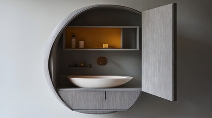 Modern minimalist curved wooden bathroom vanity with open door, sink, shelves, and storage.