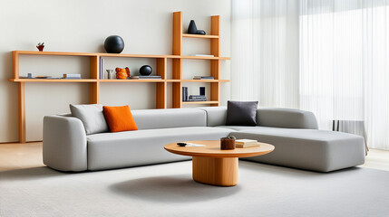 Modern living room with grey sofa and wooden furniture decor.