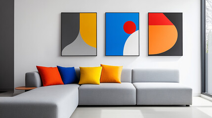 Modern living room with bright abstract art and colorful cushions.