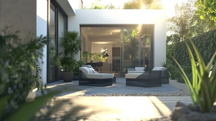 A modern garden patio with sleek outdoor furniture, stylish potted plants, and clear glass sliding doors opening to a bright interior