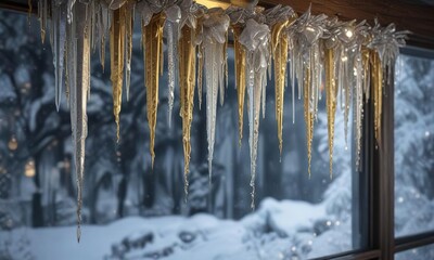 Obraz premium Glittering gold and silver icicles hanging from a frosty window in a cozy winter scene , sparkle, gold, scene