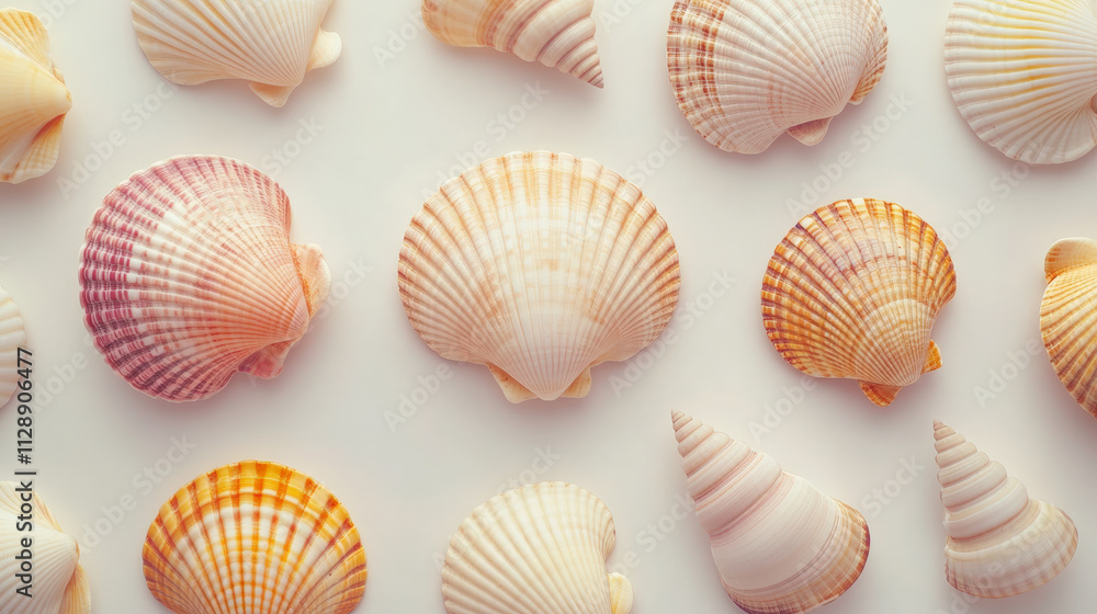 Aufkleber a collection of pastel-colored seashells arranged neatly on a white background, showcasing their div