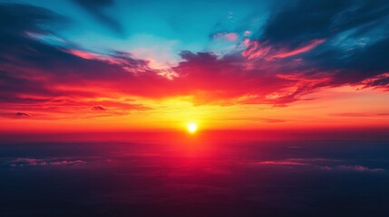 Fototapeta premium Stunning Sunset Over Horizon with Vivid Colors and Dramatic Cloud Patterns Creating an Awe-Inspiring Natural Landscape View at Dusk