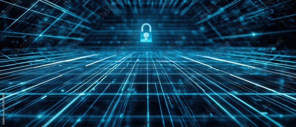 Poster abstract digital security: network data protection with padlock icon