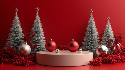 Festive Christmas Scene With Red Ornaments And Silver Trees