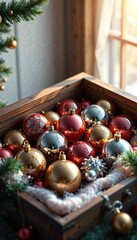Wooden ornament box filled with glass ball ornaments, antique, rustic elegance