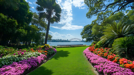 Obraz premium Sydney urban botanical garden with vibrant flowers and harbor views, modern Australian oasis
