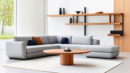 Modern living room with stylish furniture and decor elements.