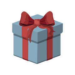 Wrapped blue present box with red ribbon. Vector illustration on white background. Presentation box, tied with wrapping ribbon.