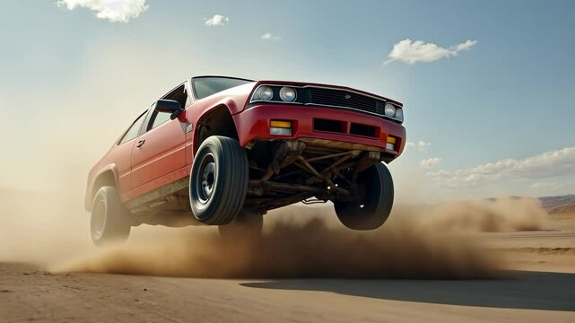 Red car performing an impressive jump over sandy terrain during an off-road event in a sunny desert setting