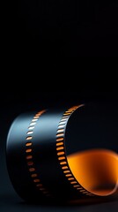 Close-up of a black film reel with a vibrant orange stripe against a dark background.
