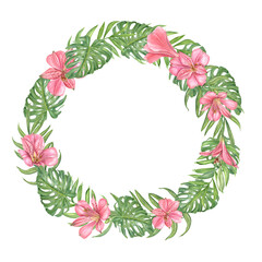 Summer exotic green leaves, pink flowers watercolor wreath with empty space for text. Alstroemeria flowers, palm, monstera foliage illustration. for textile design, greeting card, invitation