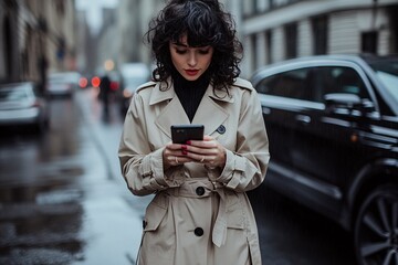 Obraz premium A stylish woman with dark curly hair, wearing a trench coat, standing near a black luxury car, browsing her phone, rainy day in a Nordic city 3