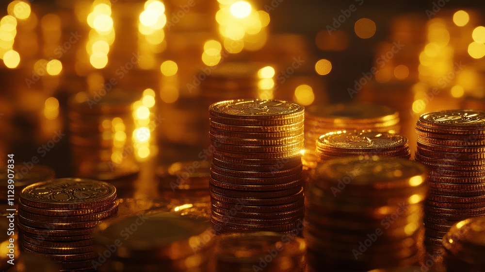 Poster glimmering stacks of gold coins with bokeh highlights and depth