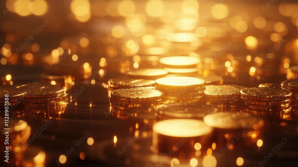 Poster glimmering gold coins with bokeh effect reflecting bright light