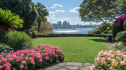 Sydney urban botanical garden with vibrant flowers and harbor views, modern Australian oasis