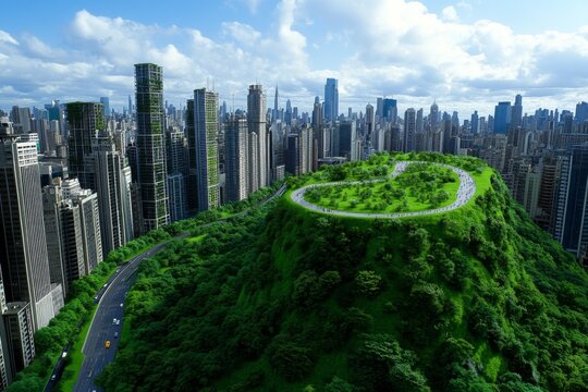 A bustling city with vertical gardens covering skyscrapers, illustrating urban green solutions