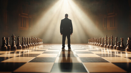 A person stands on a large chessboard, dramatically lit from above, facing rows of chess pieces.