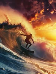 Surfer Riding Wave at Sunset with Vibrant Sky and Ocean Colors