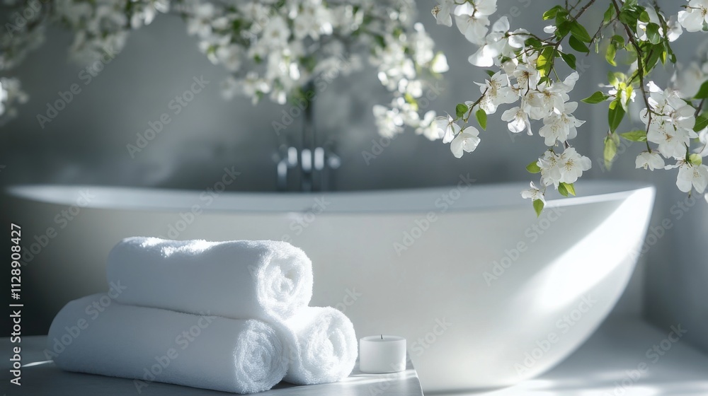 Poster Soft white towels are neatly arranged next to a serene bathtub adorned with delicate flowers, creating a calming atmosphere perfect for relaxation and multisensory escape during aromatherapy.