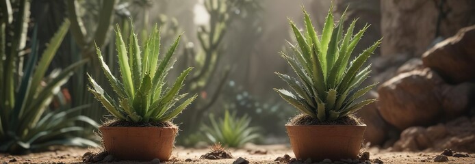 aloe vera plant with wild dwarf cactus growing together, desert garden, plant companionship