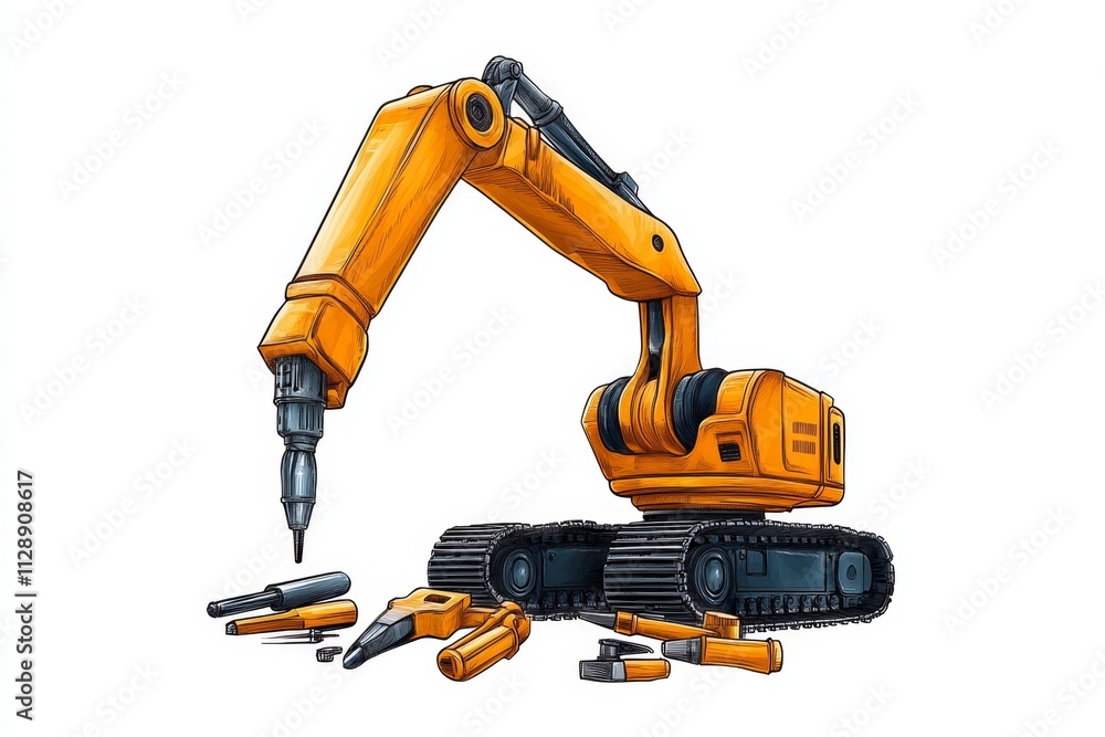 Poster a clean illustration of a robotic arm surrounded by tools, drawn with muted tones and simple lines