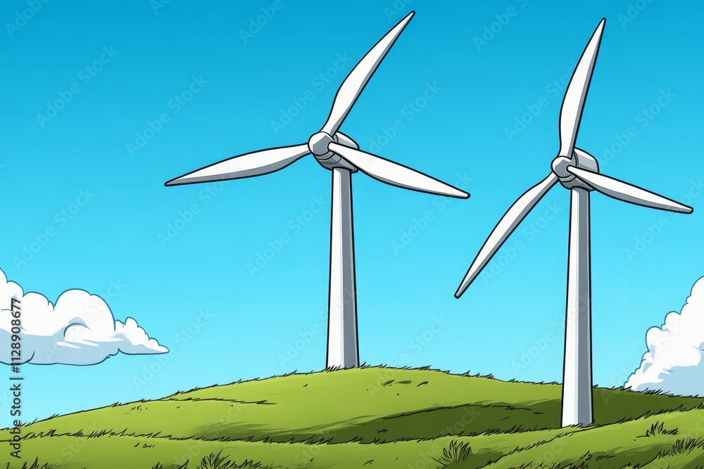 Poster a clean illustration of three turbines on rolling hills, drawn in bold, flat colors with simple geom