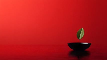 Minimalist Red Still Life with Single Leaf in Black Bowl