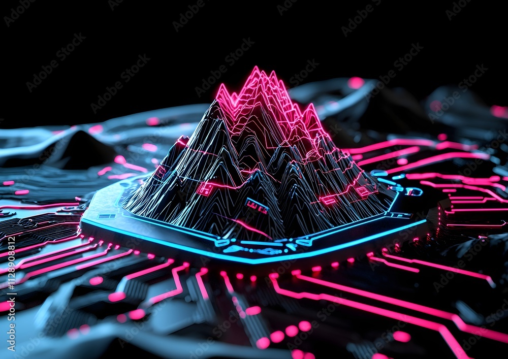 Poster futuristic geometric landscape with neon peaks and circuit board patterns in dark background