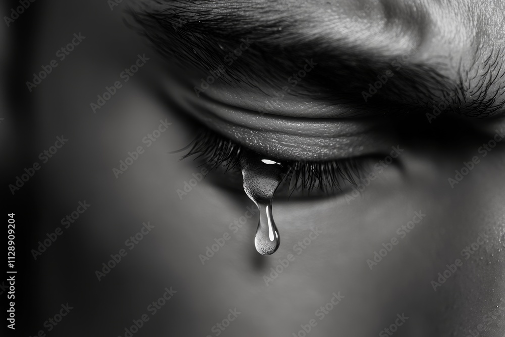Poster a close-up of a person face with a single tear rolling down their cheek, captured in a moment of sad