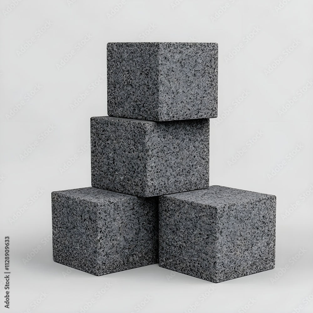 Poster four stacked geometric gray blocks arranged neatly on a light gray background, creating a minimalist