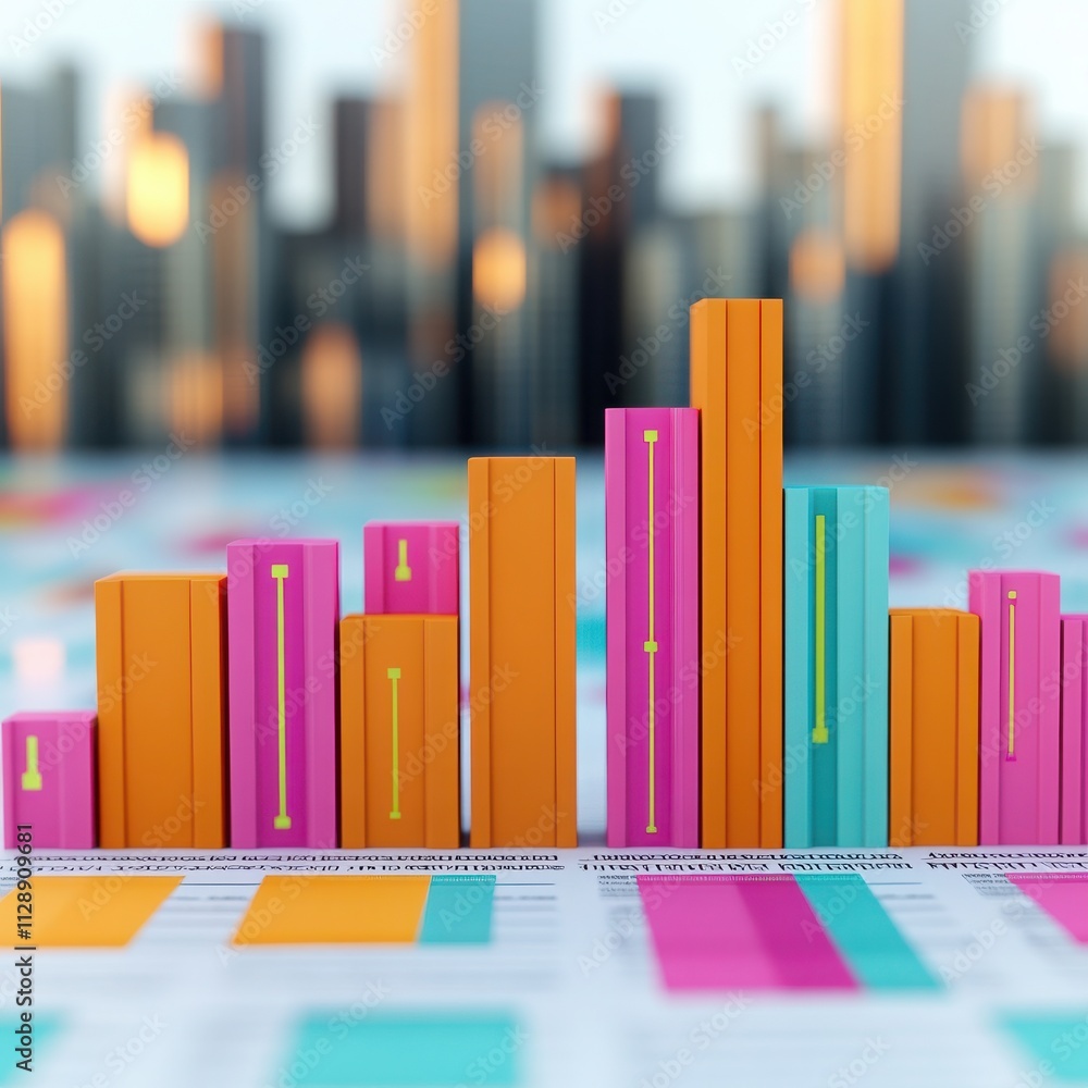 Poster colorful bar graph representing data analysis in a modern urban environment, showcasing trends and b