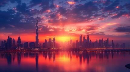 Obraz premium Dubai skyline at sunrise with vibrant colors reflected in the water.