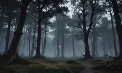 Obraz premium Mysterious and eerie forest landscape at dusk with tall trees and twisted branches , woods, nature