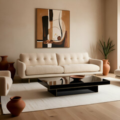 Minimalist, japandi home interior design of modern living room featuring boucle sofa, black modern coffee table, terra cotta accents and contemporary abstract art on beige stucco wall. 