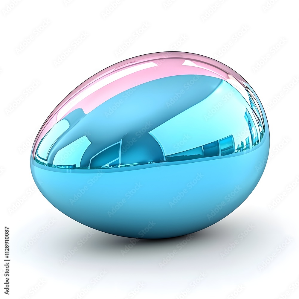 Poster glossy blue and pink egg shape object with smooth surface and reflective finish in simple white back