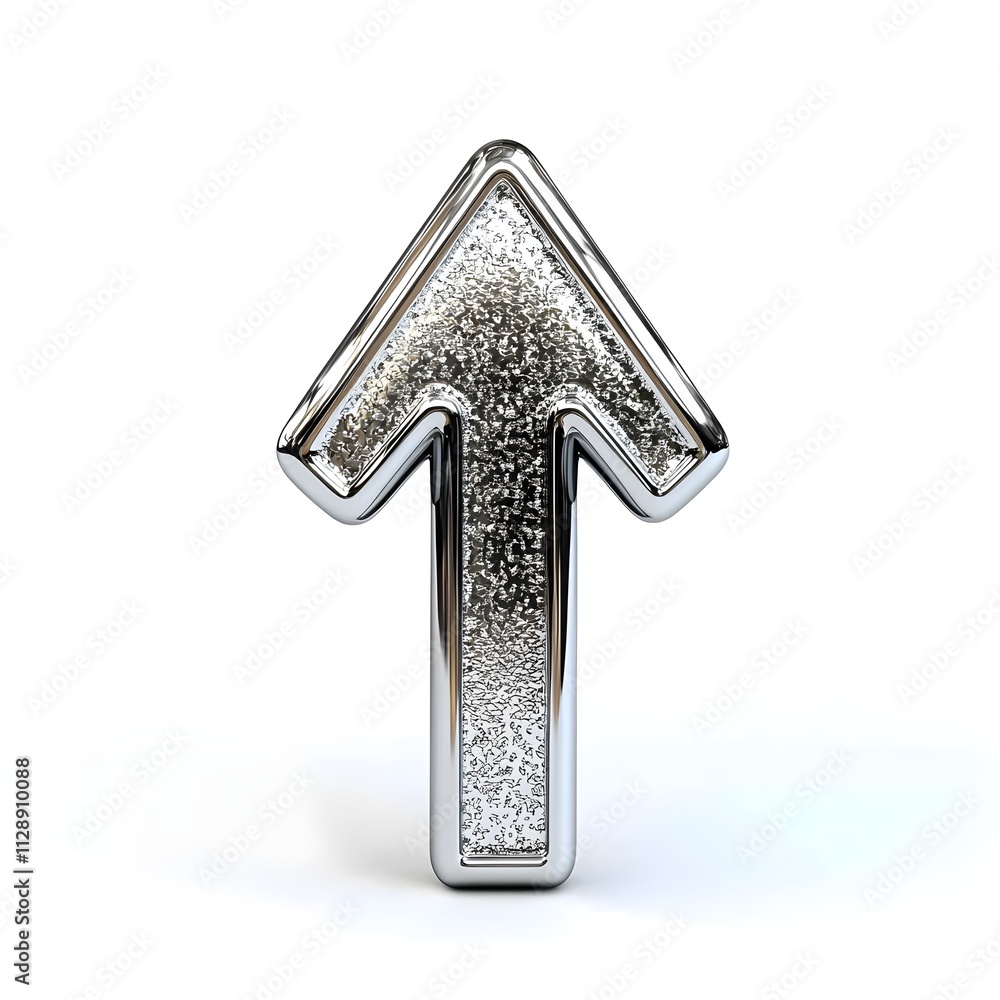 Poster shiny metallic arrow pointing upward with sparkling surface in a minimalistic style