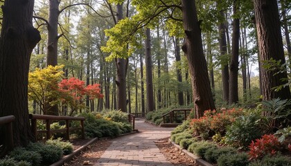 Fototapeta premium Serene forest landscape with path and colorful foliage, peaceful nature scene