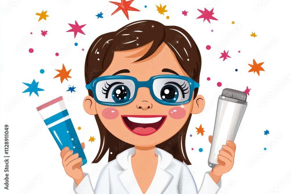 Poster A colorful 2D illustration of a person smiling while using an epilator, surrounded by playful sparkles, set against a clean white background