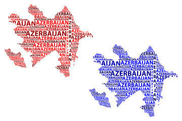 Sketch Azerbaijan letter text map, Azerbaijan - in the shape of the continent, Map Republic of Azerbaijan - red and blue vector illustration