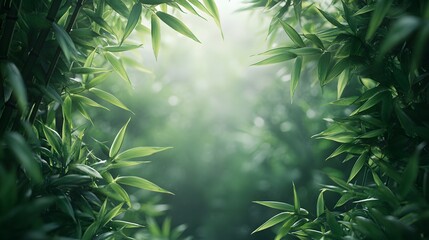Misty bamboo forest creates serene oriental atmosphere with fresh green leaves, dappled sunlight filtering through dense stalks in peaceful natural composition with morning fog.