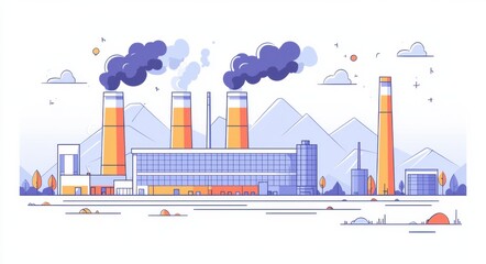 Flat  illustration of a nuclear power plant with mountains