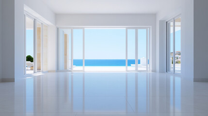 Fototapeta premium Bright modern interior with ocean view and large windows.