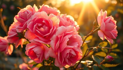 Fototapeta premium Depict a cluster of wild roses in warm shades of pink and coral, bathed in golden sunset light, The petals are slightly wind-swept, and a soft sunbeam filters through the leaves, creating a tranquil. 