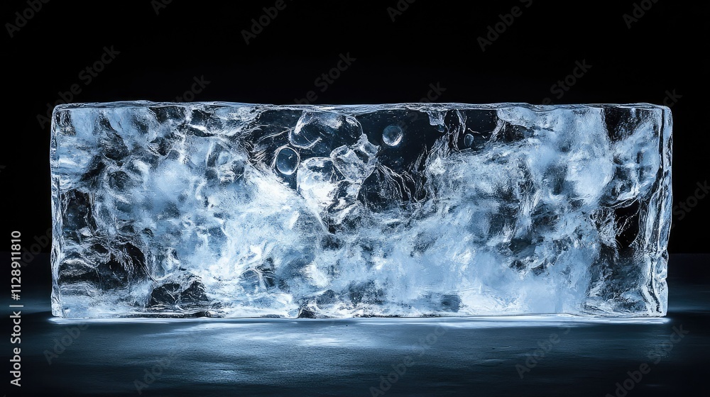 Poster a crystalline transparent ice block illuminated from below, with internal cracks and bubbles creatin