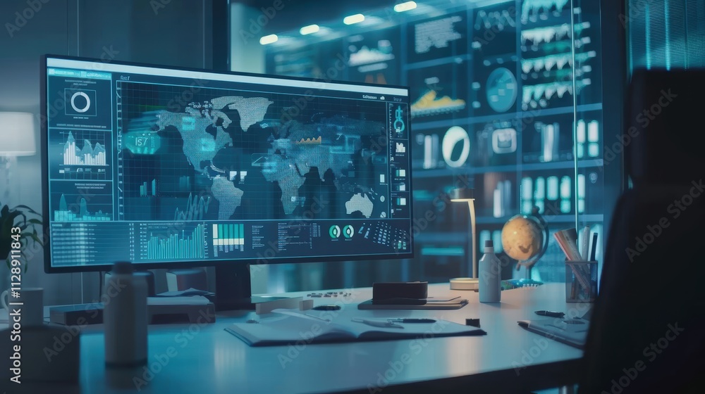 Poster modern office desk with high-tech monitor and global data visuals