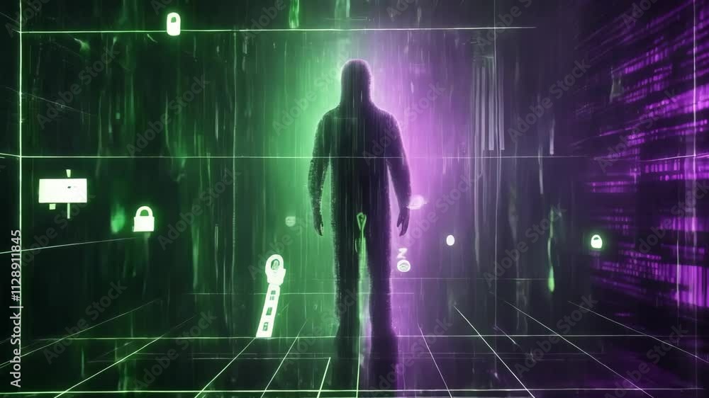 Poster hacker is standing in a digital matrix cyberspace, surrounded by data and code. the hacker is wearin