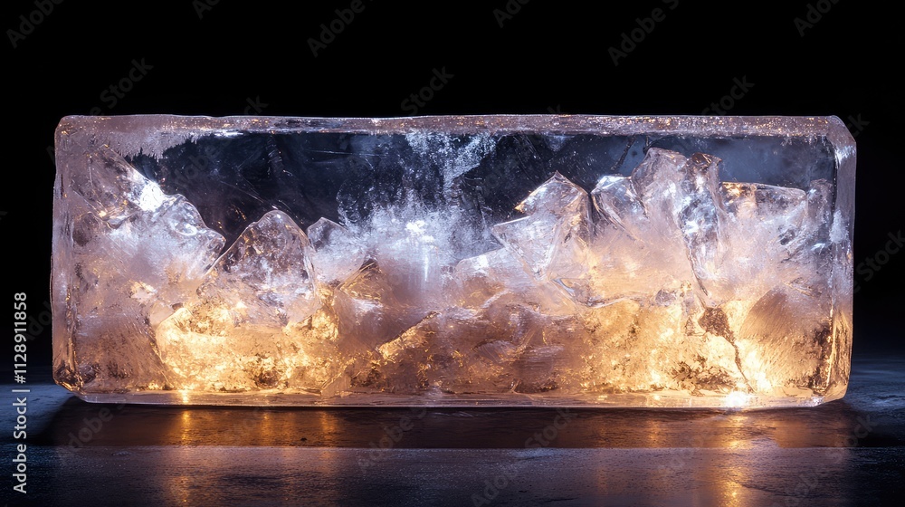 Poster a crystalline transparent ice block illuminated from below, with internal cracks and bubbles creatin